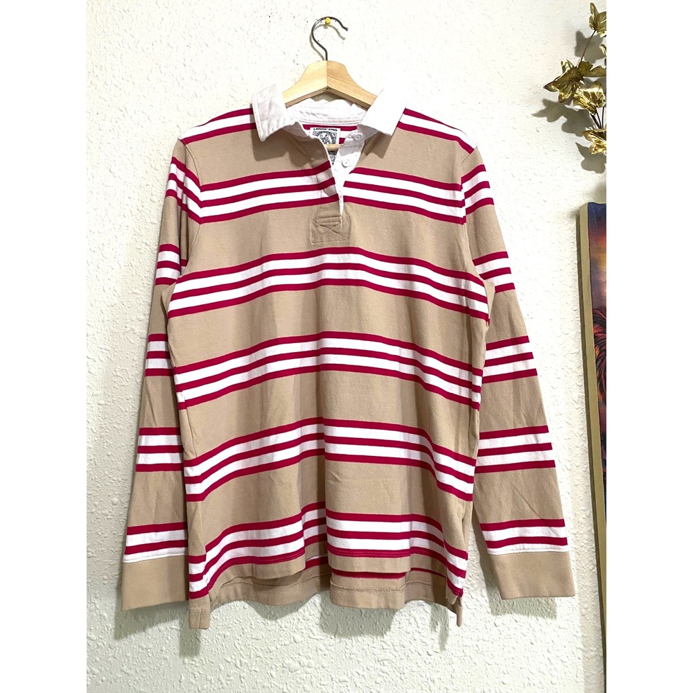 Lands End Mens Rugby Shirt Long Sleeve Striped Tan Red White Cotton L 14-16